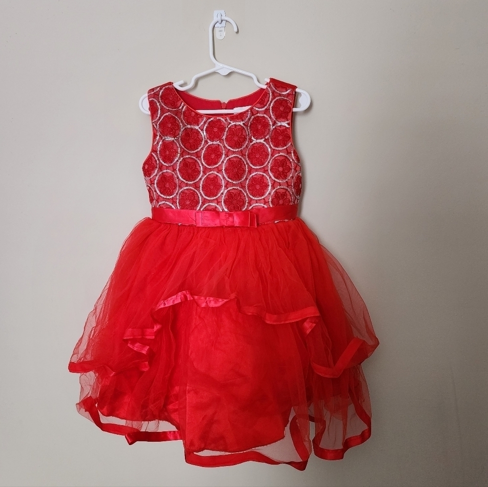 Sunny Fashion Girls Red Party Dress Size 5 Tulle Skirt & Sequin Bodice Christmas